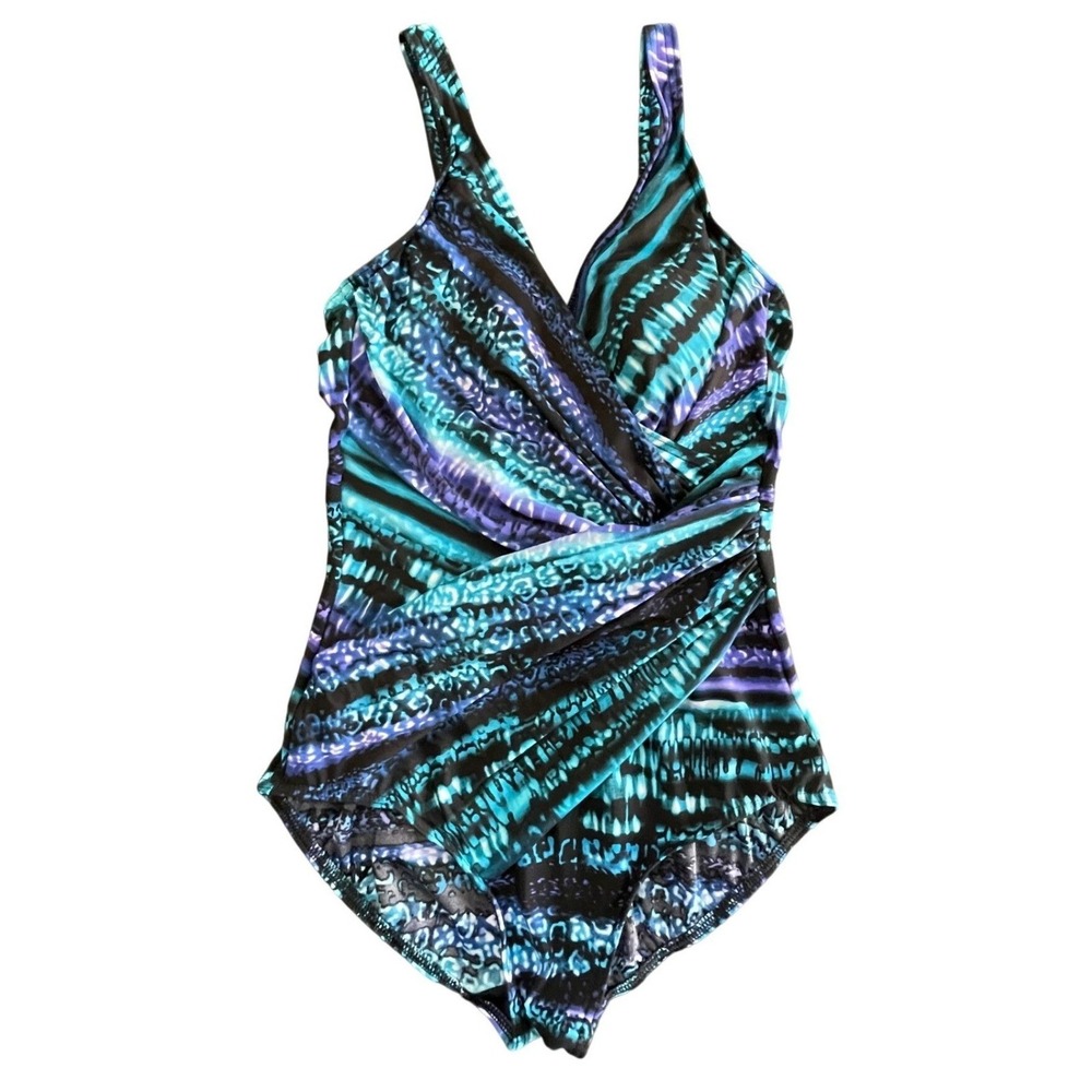 Miraclesuit One Piece Swimsuit Women 12 Blue Purple Abstract Tummy Control Wrap